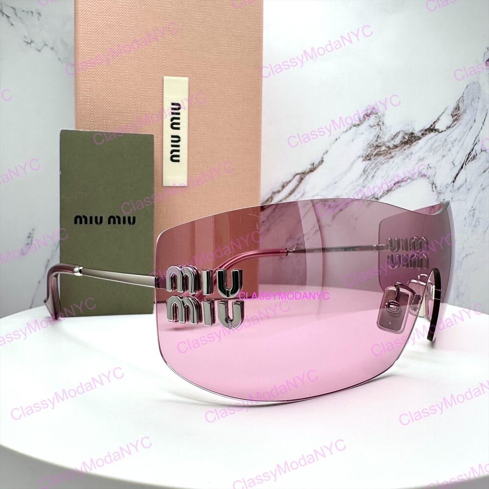 New MIU MIU Sunglasses Aube Silver Pink Mirror Rimless Wrap Authentic Womens